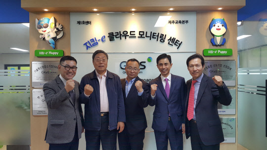 지케스는 중국에서 클라우드모니터링 서비스를 추진 중이다. 박영찬 대표(맨 왼쪽)가 지난해 말 지케스 제주 클라우드모니터링센터를 방문한 중국소프트웨어협회 임원 등과 기념촬영을 하고 있다.  지케스 제공